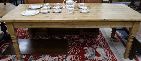 A pine farmhouse kitchen table, W.214cm